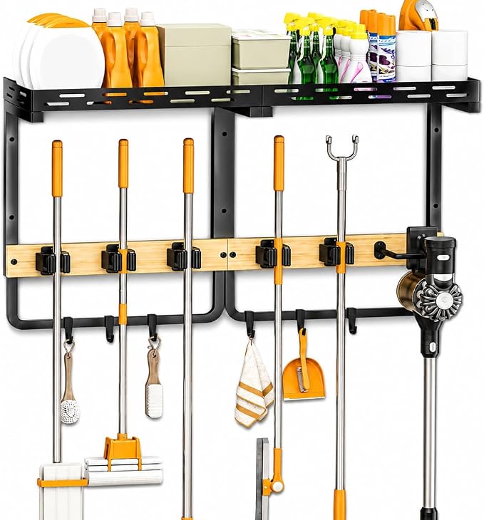 Mop and Broom Holder Wall Mount with Railing Shelf,3-in-1 Cleaning Storage Organizer,Storage Rack with Vacuum holder 5 Grips 6 Hooks for Laundry Utility Garages Closet, by TigerskiTools