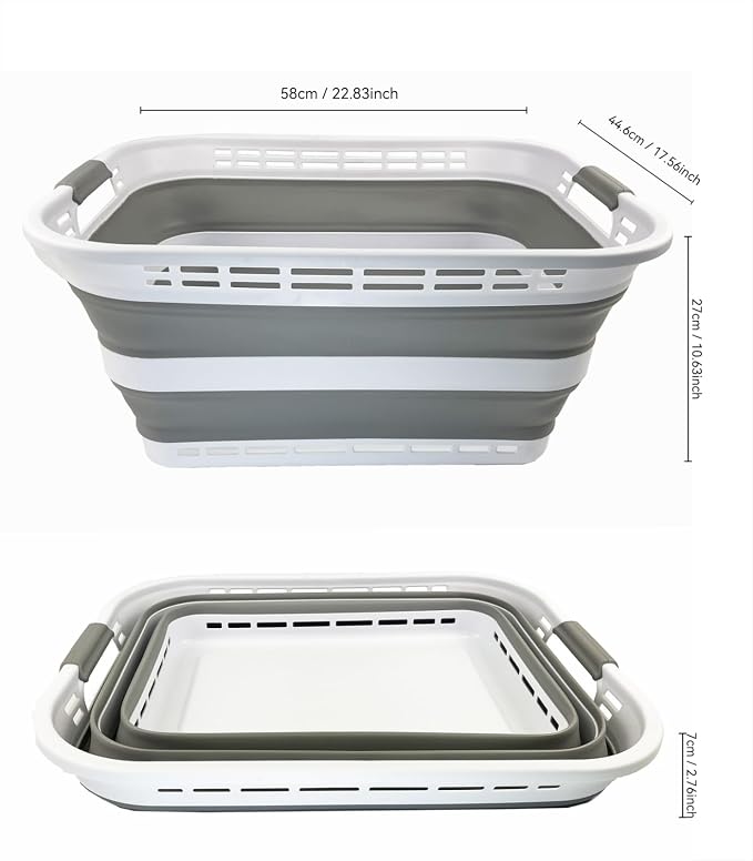 SAMMART 42L (11 Gallons) Collapsible Plastic Laundry Basket - Foldable Pop Up Storage Container/Organizer - Portable Washing Tub - Space Saving Hamper/Basket [BPA Free] (White/Grey) - Image 3