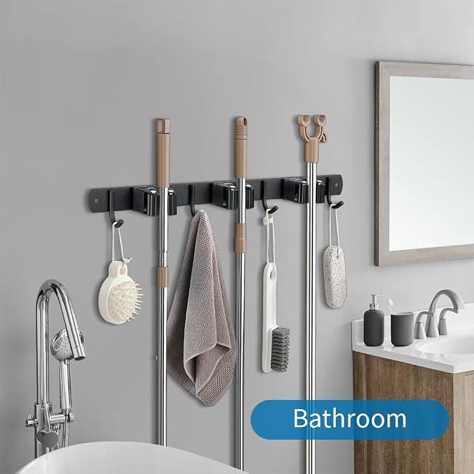 2 Pack Broom Hanger and Mop Holder, Heavy Duty Garden Tool Organizer Rack Rake and Shovel Handle, Stainless Steel Wall Mounted Utility Rack with Screws (3 Racks with 4 Hooks, Matte Black). - Image 8