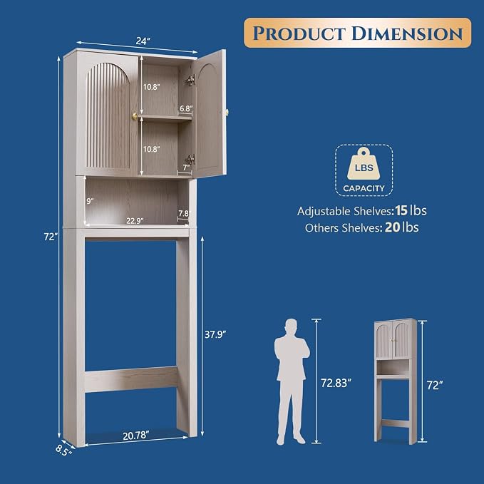 72" Over The Toilet Storage Cabinet, Bathroom Storage Cabinet, Light Grey - Image 2