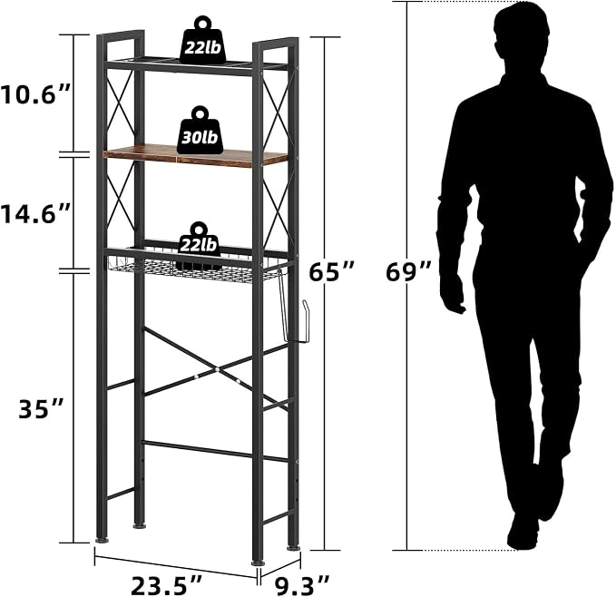 Kalrin Over The Toilet Storage with X Shape Side Guardrail, 3-Tier Over Toilet Storage Rack with Drain Basket, Freestanding Bathroom Organizer for Balcony Laundry, Vintage Brown - Image 2