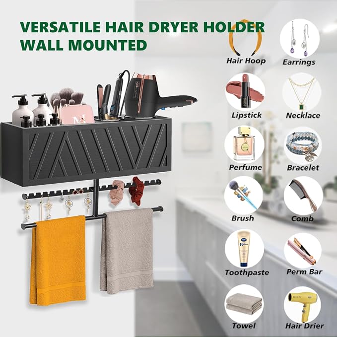 Rustic Hair Dryer Holder Wall Mounted with Towel Rack - Image 6