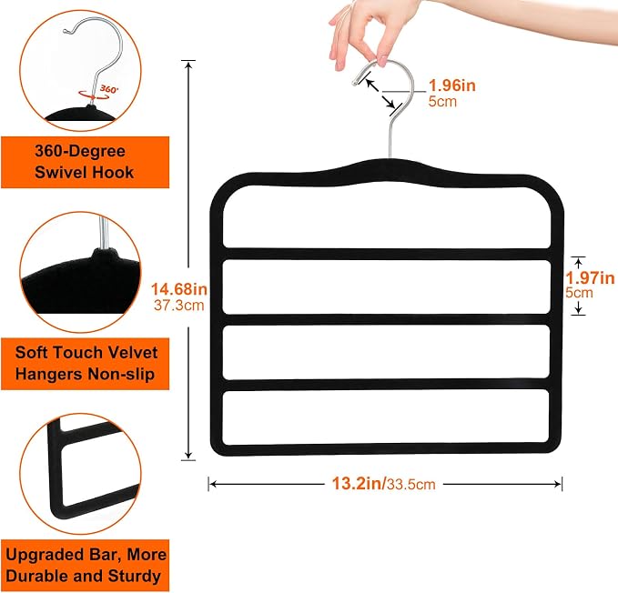 2-Pack Velvet Pants Hangers - Space Saving Multi-Layer Non-Slip Closet Organizers for Jeans, Trousers & Scarves - Ideal Dorm Room Storage Solution for Small Spaces - Image 3