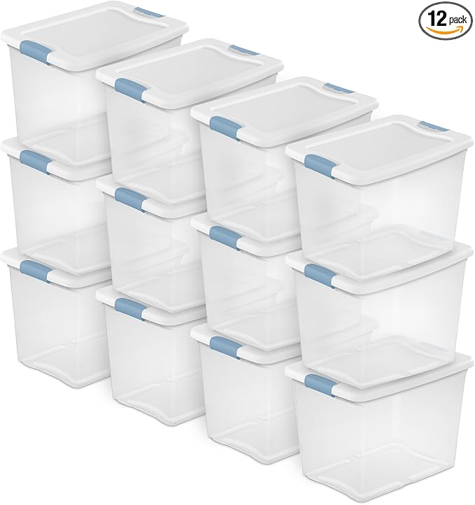 Sterilite 25 Qt Latching Storage Box, Stackable Bin with Latch Lid, Plastic Container to Organize Closet Shelf, Clear with White Lid, 12-Pack | Heavy-Duty and Stackable Plastic Containers with Latches for Closet, Cabinet, Bedroom, Bathroom and Dorm Roo... by Sterilite