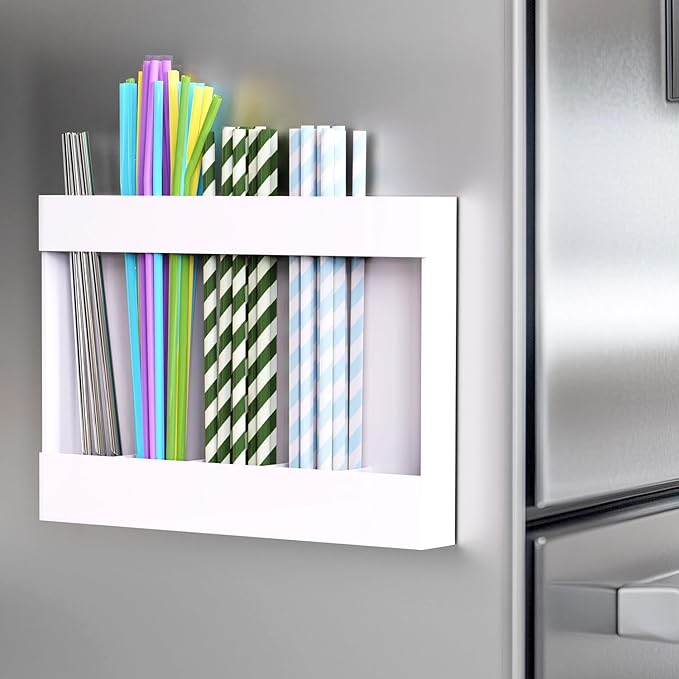 Magnetic Acrylic Straw Holder for Fridge - 5 Slot Sturdy Kitchen Organizer, Adhesive-Free Refrigerator Storage for Metal, Glass, Silicone Straws & Utensils (White-Magnetic Type-5C) by ENESNES