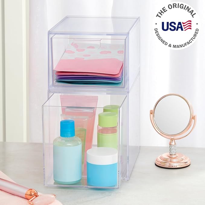 STORi Audrey Stackable Clear Bin Plastic Organizer Drawers | 2 Piece Set | Organize Cosmetics and Beauty Supplies on a Vanity | Made in USA (Pack of 3) - Image 4
