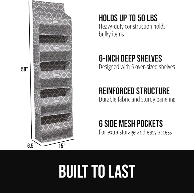 GORILLA GRIP Over The Door Organizer Storage, 5 Deep Hanging Shelves, Holds 50lbs, Closet Organizers Shelf for Bedroom, Shoes, Bathroom, Nursery, Dorm Essentials, 58x15 Inches, Quatrefoil - Image 2