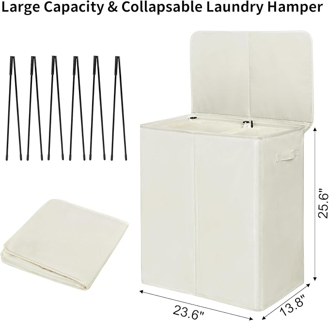 WOWLIVE 140L Double Laundry Hamper 2 Section with Lid and Removable Bags - Image 3