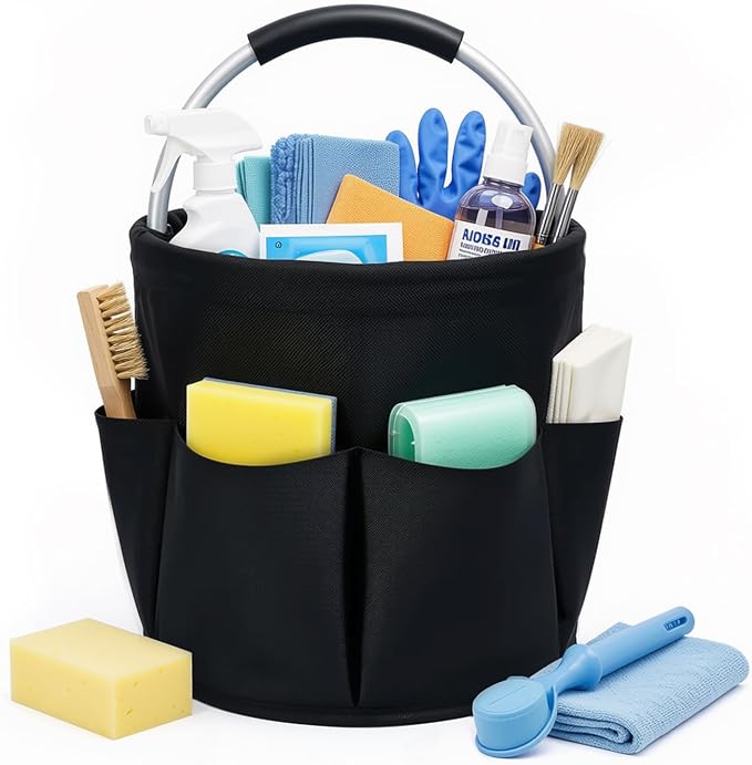 Cleaning Caddy with Handle, 17L Foldable Storage Basket, Heavy Duty 600D Oxford Cloth Organizer, Portable Supply Bag, Multi-Purpose Supplies Caddy for Home, Bathroom, Kitchen, Garden - Black by Unknown