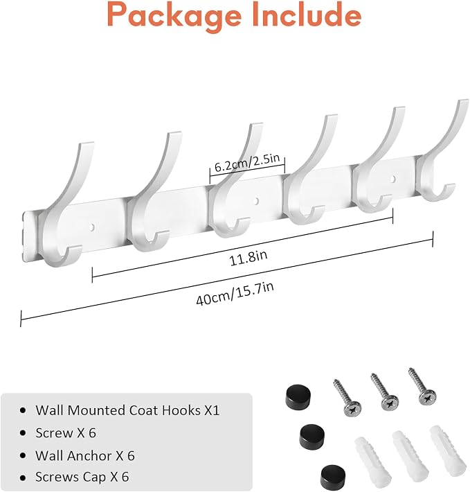 Optish Coat Rack Wall Mount, Coat Hook Wall Mount, Wall Hooks for Hanging, Hat Rack for Walls, Coats Hanger with 12 Hook, Towel Hooks for Bathrooms (1 Pack, Silver) - Image 5