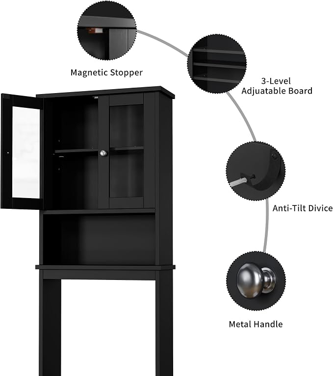 Shintenchi Over The Toilet Storage Cabinet, Bathroom Shelf Organizer with Anti-Tip Device Small Freestanding Space Saver with Adjustable Shelf and Glass Door, Black - Image 7