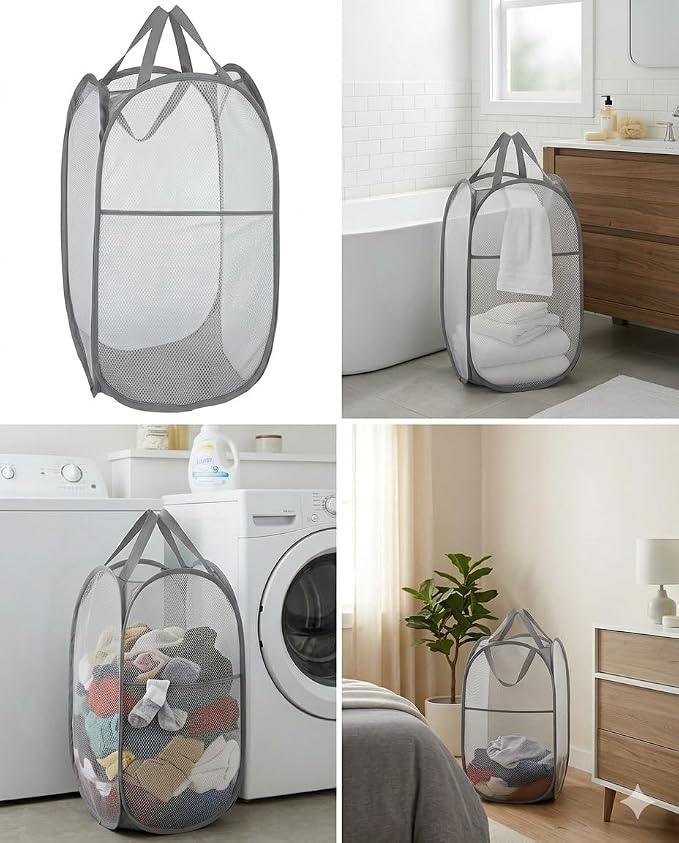 Mesh Large Pop Up Laundry basket, Collapsible Laundry Hampers with Handles, Foldable Dirty Clothes Hampers for Bathroom, College Dorm, Travel, Gray - Image 3