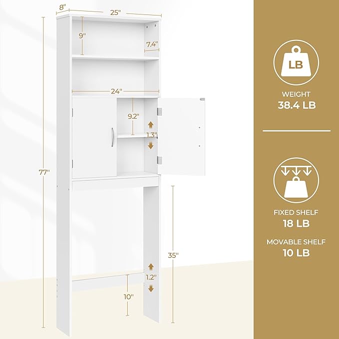 Yaheetech 77'' H Over the Toilet Storage Cabinet, Bathroom Organizer, White - Image 3