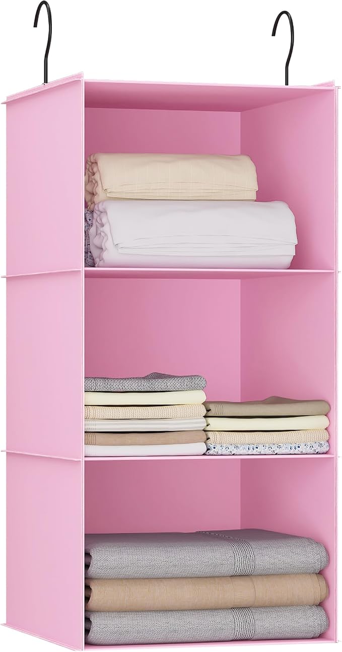 Hanging Closet Organizer 3-Shelf, Oxford Fabric Wardrobe Storage, Pink | Easy-mount foldable design holds clothes, handbags, shoes & accessories; washable Oxford fabric, sturdy and space-saving. by DonYeco