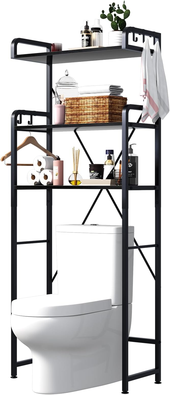 Huhote Over-The-Toilet Storage Rack with 3-Tier Shelves, Space Saver Toilet Shelf, Bathroom Storage Organizer with Hooks for Over-Toilet Storage (Black) - Image 9