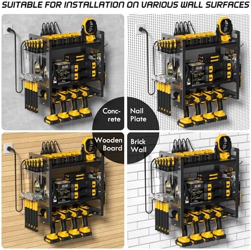 TOPRINCE Power Tool Organizer Wall Mount with Charging Station, 3-Tier Heavy Duty Metal Tool Rack with 4 Drill Holders and 6FT Power Strip, Garage Workshop Storage.Black - Image 6