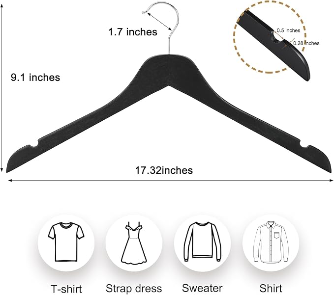 TOPIA HANGER Black Wooden Hangers 30 Pack, 0.28-inch Thick Slim Wood Clothes Hanger with Flat Design and Smooth Notches, Lightweight Space Saving Hangers for Shirt, Coat, Camisole-CT31B - Image 2
