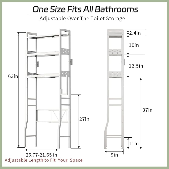 Over the Toilet Storage Shelf 3-Tier Adjustable Bathroom Organizers and Storage Shelves Bathroom Rack Above Toilet Storage with Paper Holder and 4 Hooks Space Saver Storage for Laundry - Image 3