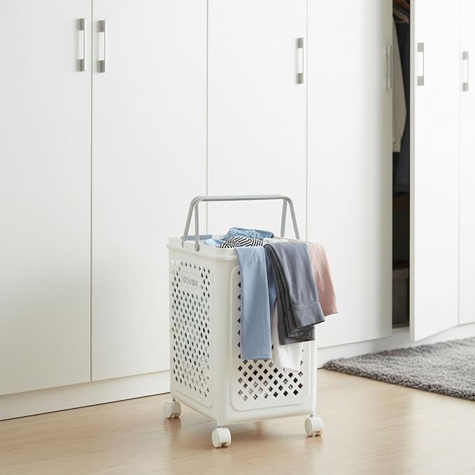49L Collapsible Laundry Baskets, Plastic Laundry Hamper with Handles, Foldable Laundry Bin, Laundry Basket with Wheels for Laundry Room Organization, Ideal for Clothes, Towels, Blankets, White - Image 7