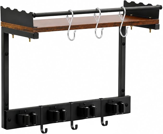 Broom Holder Wall Mount, Broom and Mop Organizer Wall Hanging with Vacuum Stand and & Hooks, Heavy Duty Laundry Organization & Storage, Utility Racks with Wood Shelf & Guard (S) - Image 7
