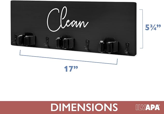 Ilyapa Mop and Broom Holder Wall Mount, Black Wall Hanging Wooden Brooms and Mops Organizer, Kitchen & Laundry Room Broom Hanger Organizer Storage Rack - Image 3