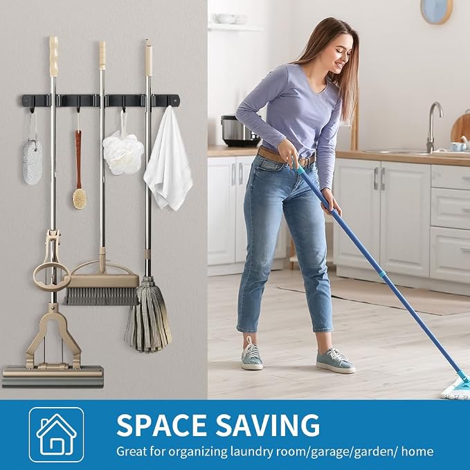 2 Pack Broom Hanger and Mop Holder, Heavy Duty Garden Tool Organizer Rack Rake and Shovel Handle, Stainless Steel Wall Mounted Utility Rack with Screws (5 Racks with 4 Hooks, Matte Black). - Image 4