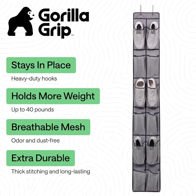 GORILLA GRIP Over the Door Shoe Organizer, 12 Large Pockets, Gray | Breathable Mesh Pocket, Space Saving Hanging Storage Holder, Closet Rack Hanger for Shoes, Pantry and Bathroom Accessories - Image 2