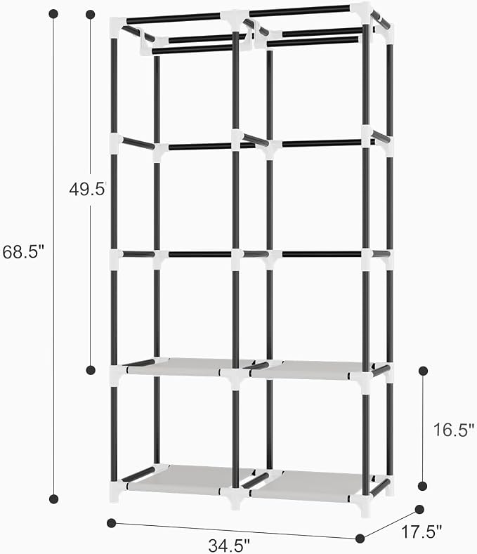 Portable Closet for Hanging Clothes, Portable Wardrobe Closet with Cover, 4 Storage Shelves, 2 Hanging Rods and 8 Side Pockets, Easy Assembly and Sturdy Free Standing Closet for Bedroom, Grey - Image 3