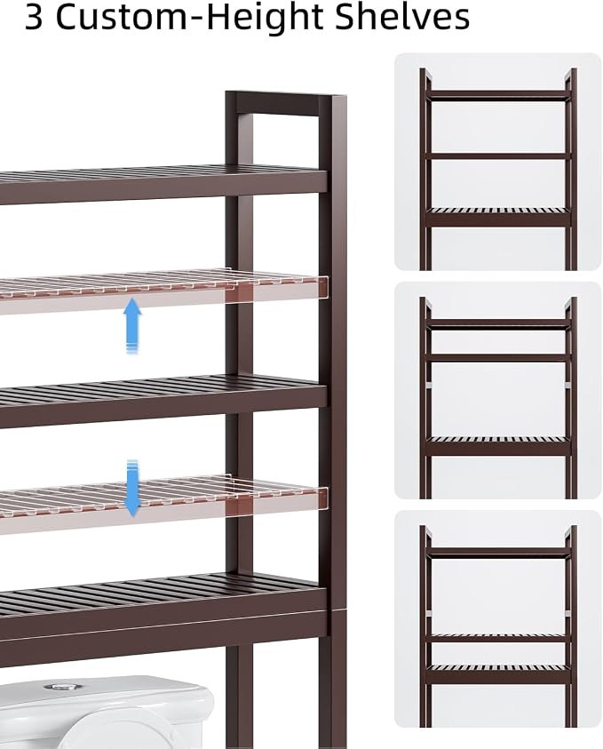 SMIBUY Bathroom Storage Shelf, Bamboo Over-The-Toilet Organizer Rack, Freestanding Toilet Space Saver with 3-Tier Adjustable Shelves (Dark Brown) - Image 7