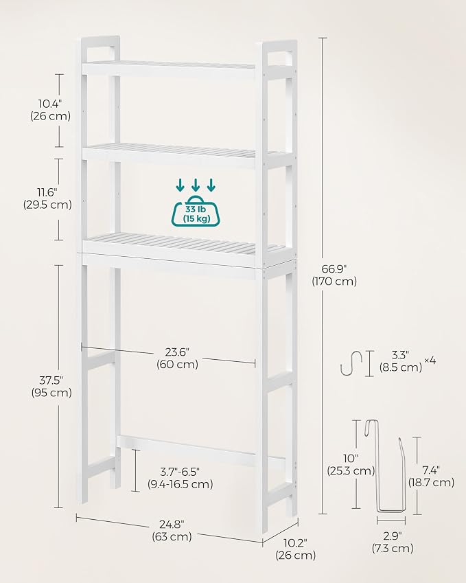 SONGMICS 3-Tier Bamboo Over The Toilet Storage, Adjustable Shelf, 66.9''H - Image 3