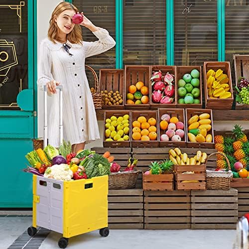 Foldable Shopping Utility Cart Portable Rolling Crate Handcart with 360°Rotate Wheel,Hidden Lid,Telescoping Handle Collapsible for Travel Shopping Moving Storage Office Use(Yellow/Gray) - Image 2