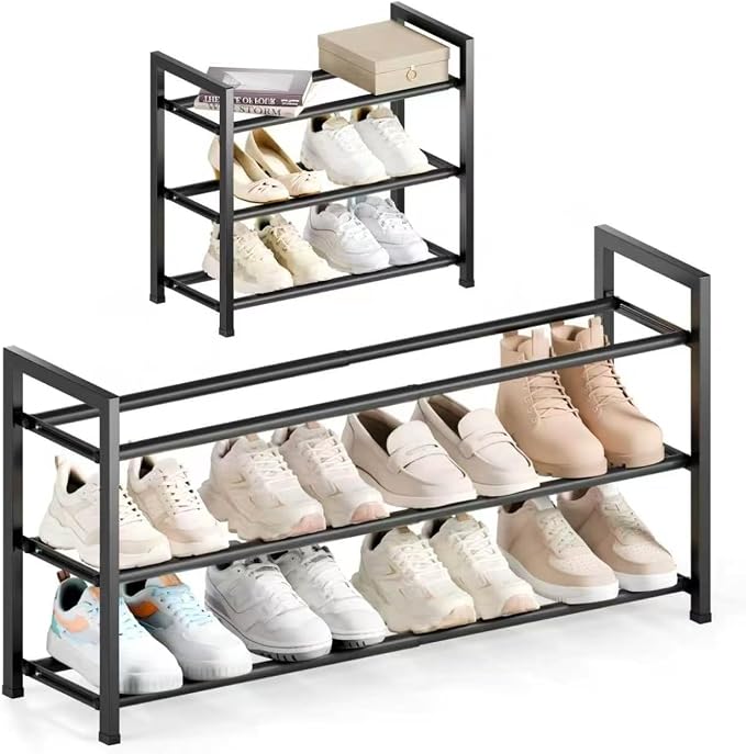 Bumusty 3 Tier Expandable Shoe Rack for Closet, Black | 18"-33" Adjustable Shoe Rack for Entryway, Small Shoe Organizer for Dorm, Front Door, Sturdy Metal by BUMUSTY