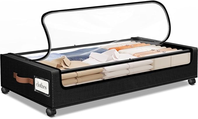 Under Bed Storage with Wheels 1Pack Storage Containers with Clear Window | Under Bed Drawers Rolling Under Bed Storage for Clothes,Shoes, Blankets (30.71 x 16.93 x 6.69 in, Black) by SpaceHacks