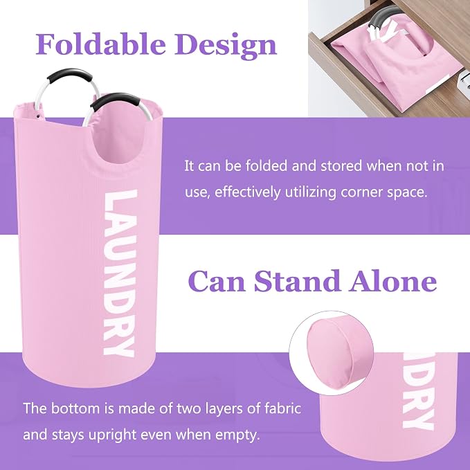 Pink Laundry Basket,Hampers for Laundry with Handle,Foldable Clothes Basket - Image 3