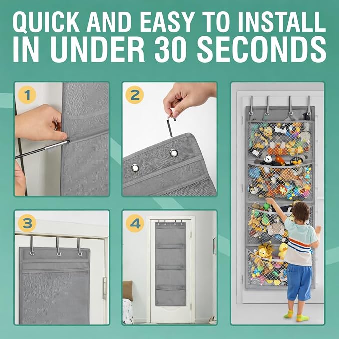 Honeyera Storage for Stuffed Animal - Over Door Organizer for Stuffies, Baby Accessories, and Toy Plush/Easy Installation with Breathable Hanging Pockets (Gray) - Image 3