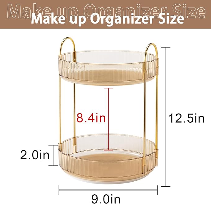 shuang qing Rotating Makeup Organizer for Vanity, High-Capacity Skincare Clear Make Up Storage Perfume Organizers Cosmetic Dresser Organizer Countertop 360 Spinning (Gold, 2 Tier) - Image 2