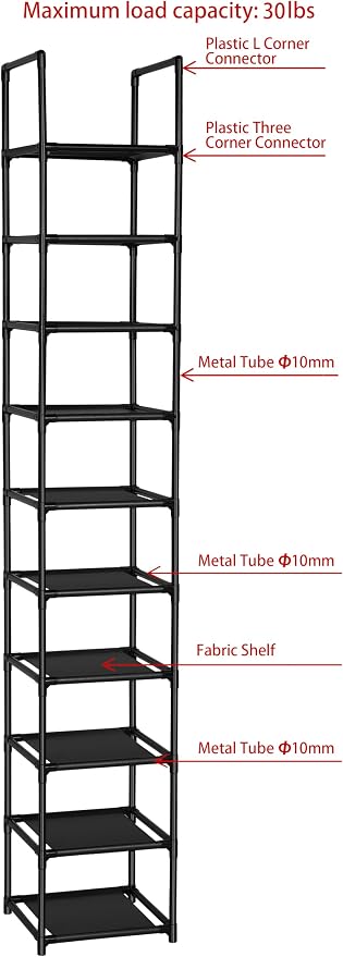 FIDUCIAL HOME 10 Tiers Vertical Shoe Rack 10 Pairs Skinny Shoe Shelf - Image 6