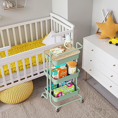 DTK 3 Tier Rolling Utility Cart with Cover Top Board, Movable Kitchen Storage Cart Trolley with Lockable Wheels, Cups, Hooks for Kitchen Bathroom Home Office Art Craft Storage(Turquoise/Green) - Image 6