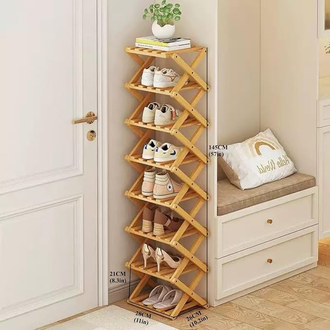 8 Tier Foldable Shoe Rack, Bamboo Vertical Shoe Organizer Tall for Multifunctional Narrow Shoe Shelf for Entryway, Closet, Corner, Bedroom, Hallway(Natural) - Image 2