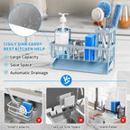 Cisily Sink Caddy Organzier with High Brush Holder, Sponge Holder for Sink, 304 Rustproof Stainless, Kitchen Countertop Soap Dispenser Organizer, Gray Blue Kitchen Decor and Accessories - Image 2