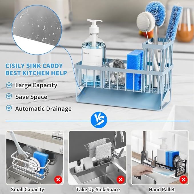 Cisily Sink Caddy Organzier with High Brush Holder, Sponge Holder for Sink, 304 Rustproof Stainless, Kitchen Countertop Soap Dispenser Organizer, Gray Blue Kitchen Decor and Accessories - Image 2