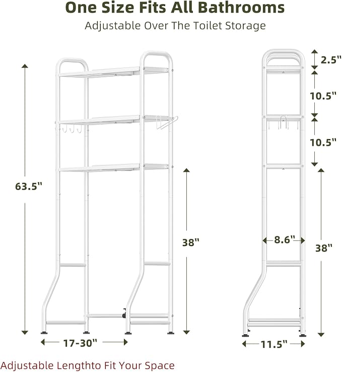 Simple Trending Expandable Over The Toilet Storage Rack, Metal 3 Tier Bathroom Organizer Shelf with Paper Holder and 3 Hooks, White - Image 3