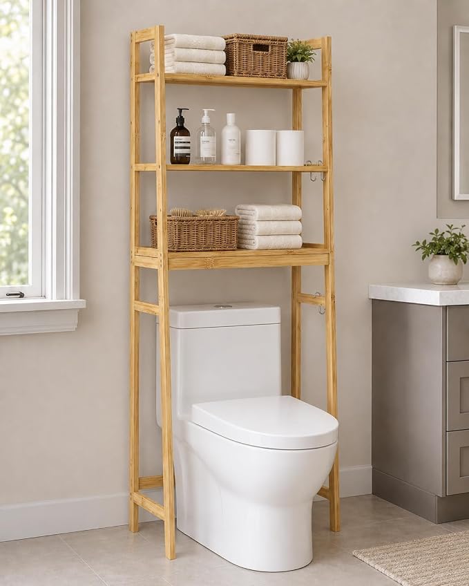 Over The Toilet Storage,Natural Bamboo Over Toilet Bathroom Organizer with 3-Tier Shelves and Hooks,Space-Saving Bathroom Shelf for Towels,Toiletries and Small Bathroom Storage by Unknown