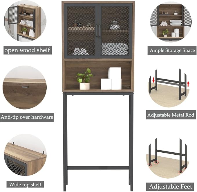 Launica Over the Toilet Storage Cabinet, Over Toilet Bathroom Organizer with Mesh Doors and Shelves, Freestanding Bathroom Storage Cabinet Above Toilet, Wood and Metal, Rustic Oak - Image 4