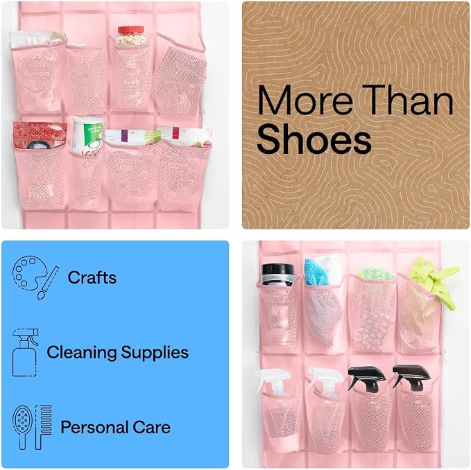 GORILLA GRIP Over the Door Shoe Organizer, 24 Large Pockets, Pink | Breathable Mesh Pocket, Space Saving Hanging Storage Holder, Closet Rack Hanger for Shoes, Pantry and Bathroom Accessories - Image 6