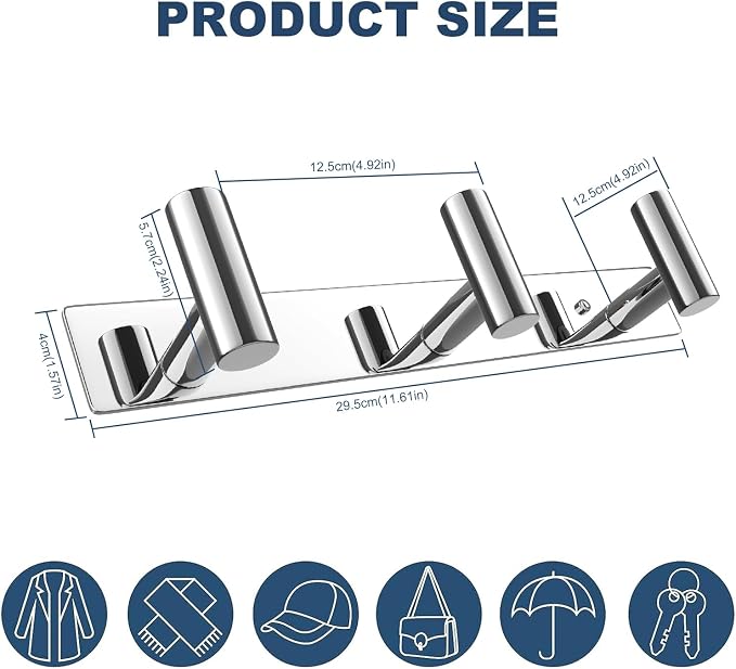VAEHOLD Hat and Coat Wall Mount Rack - Hooks for Robes, Bags, Keys, and Towels - Bathroom Towel Hanger Organizer (Polished Chrome, “T“ Shape 3 Hooks 2 Pack) - Image 4