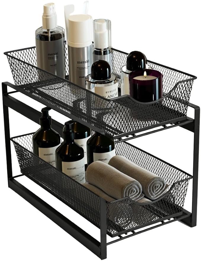 IBERG 2 Tier Bathroom Organizer Under Sink with Pull Out Drawer (Black) by IBERG