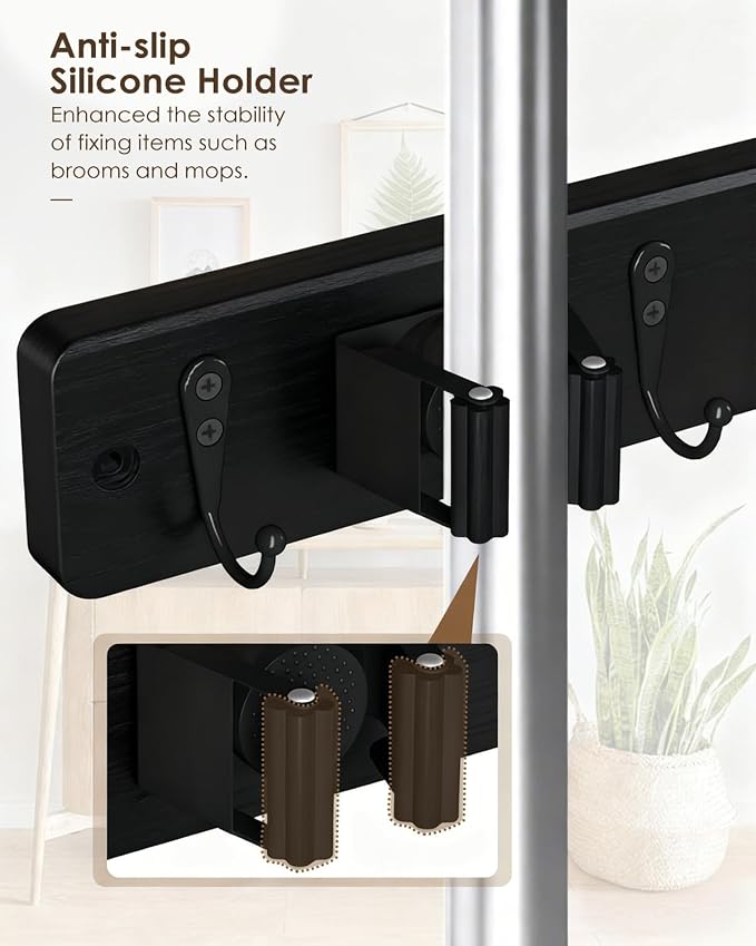 AceMining Black Broom Holder Wall Mount, 4 Holders 4 Hooks Mop Holder - Image 3