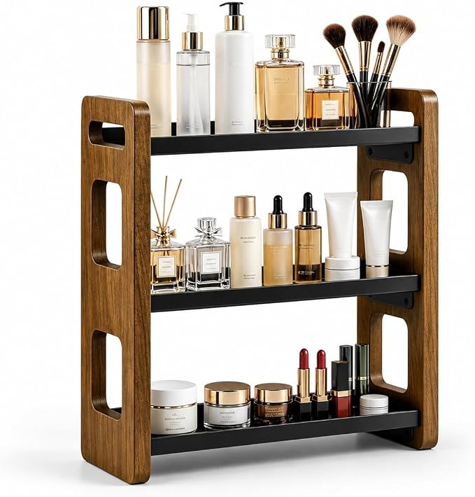 3-Tier Acacia Wood Bathroom Countertop Organizers and Storage, Vanity Bathroom Sink Organizer Shelf for Skin Care Makeup Cologne and Perfume, Small Countertop Storage Organizer for Dresser by Tviorst