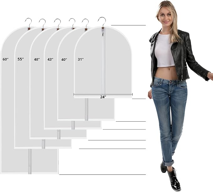 MsKitchen 6 Pack Short Garment Bags (24x31") - Dustproof Covers for Kids Clothes - Durable PEVA Storage Bags with Sturdy Zipper for Dance Costumes, Tops & Folded Pants (Translucent) - Image 2